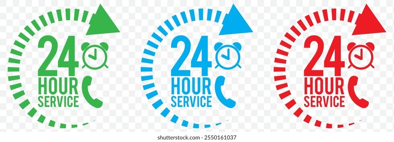Ícone de serviço 24x7 definido. 24-7 aberto, conceito com ícone de chamada. Suporte 24 horas por dia e 7 dias por semana. Serviço de suporte. isolado no fundo branco e preto. Ilustração vetorial. EPS 10.