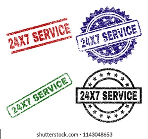 24X7 SERVICE seal prints with corroded texture. Black, green,red,blue vector rubber prints of 24X7 SERVICE text with scratched texture. Rubber seals with round, rectangle, medal shapes.