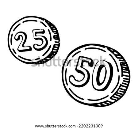 25 and 50 coins sketch. Hand drawn vector illustration of money. Outline clipart isolated on white background.