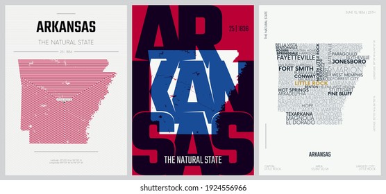 25 of 50 sets, US State Posters with name and Information in 3 Design Styles, Detailed vector art print Arkansas map