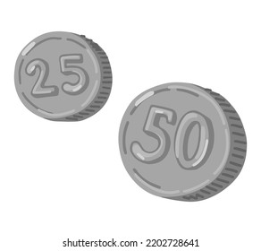 25 and 50 silver coins doodle. Vector illustration of money. Cartoon clipart isolated on white background.