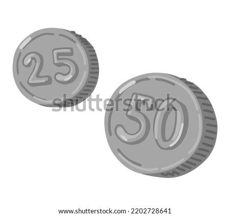 25 and 50 silver coins doodle. Vector illustration of money. Cartoon clipart isolated on white background.