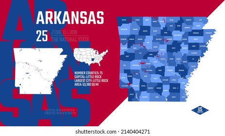 25 of 50 states of the United States, divided into counties with territory nicknames, Detailed vector Arkansas Map with name and date admitted to the Union, travel poster and postcard