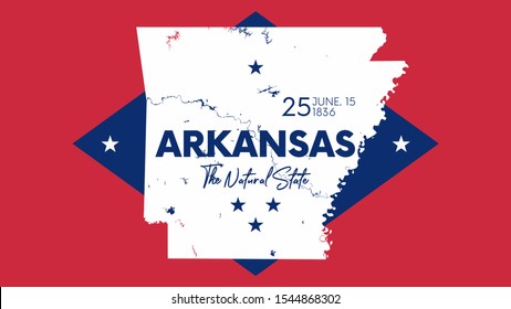 25 of 50 states of the United States with a name, nickname, and date admitted to the Union, Detailed Vector Arkansas Map for printing posters, postcards and t-shirts