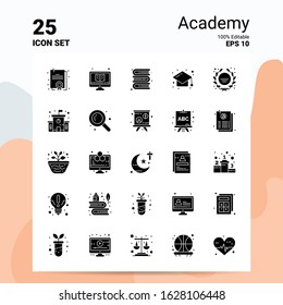 25 Academy Icon Set. 100% Editable EPS 10 Files. Business Logo Concept Ideas Solid Glyph icon design