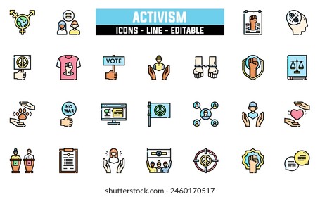 25 activism icons set, vector line, editable stroke.