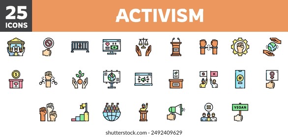 25 activism icons set, vector line, editable stroke.