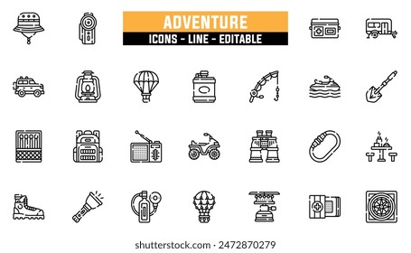 25 adventure icons set, vector line, editable stroke.