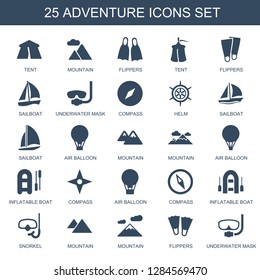25 adventure icons. Trendy adventure icons white background. Included filled icons such as tent, mountain, flippers, sailboat, underwater mask. adventure icon for web and mobile.