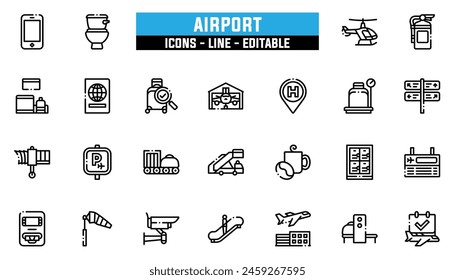 25 iconos de aeropuerto, línea de Vector, trazo editable.