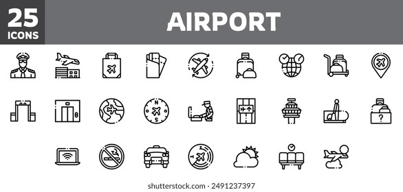 25 airport icons set, vector line, editable stroke.