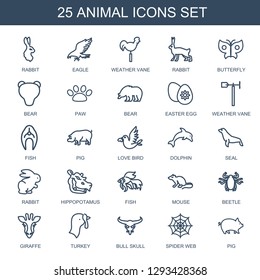 25 animal icons. Trendy animal icons white background. Included outline icons such as rabbit, eagle, weather vane, butterfly, bear, paw, easter egg. animal icon for web and mobile.