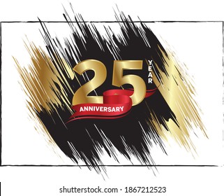 25 Anniversary celebration, Luxury anniversary template over gold and black brush, Golden number with red ribbon isolation background, Party event decoration, Vector.