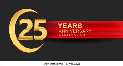 25 anniversary design logotype golden color with ring and red ribbon for anniversary celebration