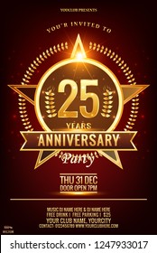 25 Anniversary  elegant gold colored logo with shiny star  framed in Laurel wreath isolated on dark red background, vector design for celebration, invitation, greeting card. Vector EPS 10.

