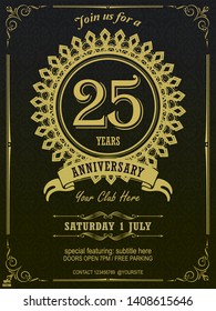 25 Anniversary elegant YELLOW colored logo with geometric pattern  framed in FLORAL FRAME  isolated on dark background, vector design for celebration, invitation, greeting card.