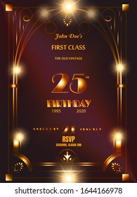 25 Anniversary framed golden-colored lettering with golden floral and geometric elements isolated on red background. Luxury vector Template Logo EPS 10 for celebration, invitation.