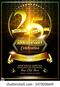 25 Anniversary framed golden-colored logo with golden banner and geometric elements isolated on geometric honeycomb background. Luxury vector Template Logo EPS 10 for celebration, invitation.