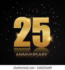 25 anniversary golden numbers isolated on black transparent background. Vector illustration