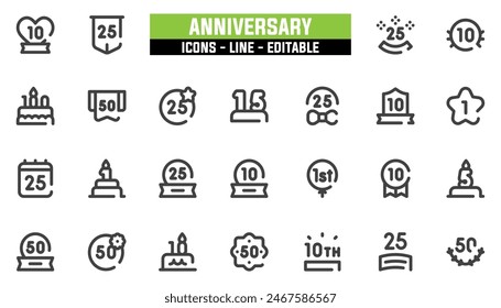 25 anniversary icons set, vector line, editable stroke.