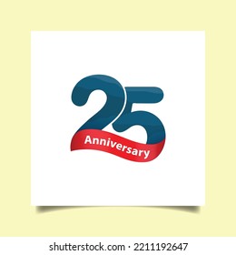 25 anniversary logo with blue contour in the number and red ribbon on the bottom and anniversary text inside the ribbon