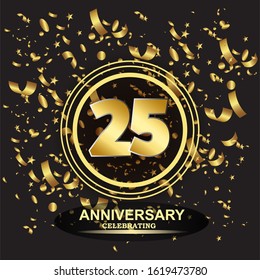 25 anniversary logo with confetti golden colored isolated on black background, vector design for greeting card and invitation card