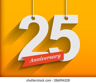 25 Anniversary numbers with ribbon. Flat origami style with long shadow. Vector illustration