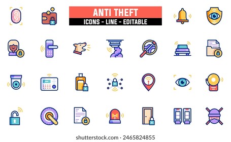 25 anti theft icons set, vector line, editable stroke.