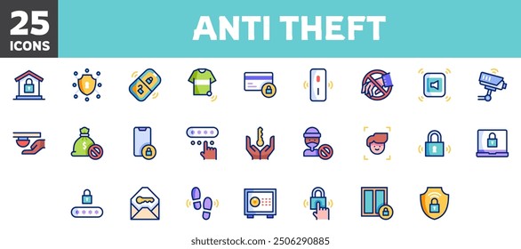 25 anti theft icons set, vector line, editable stroke.