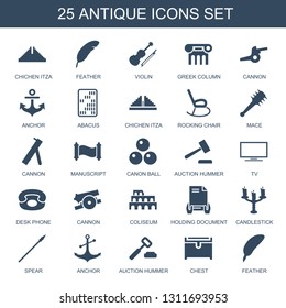 25 antique icons. Trendy antique icons white background. Included filled icons such as Chichen Itza, feather, violin, Greek column, cannon, anchor. antique icon for web and mobile.