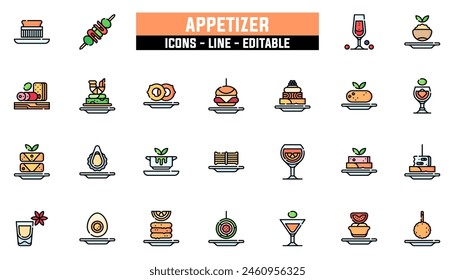 25 appetizer icons set, vector line, editable stroke.