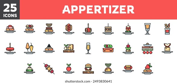 25 appetizer icons set, vector line, editable stroke.