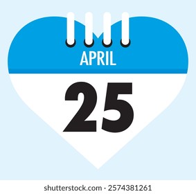 25 April calendar icon blue heart shape on light sky blue color background, calendar vector symbol for the month of April.