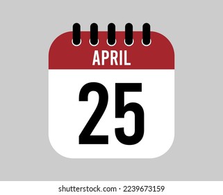 25 April calendar icon. Red calendar page vector for April days and weeks