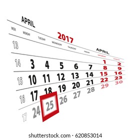 25 April highlighted on calendar 2017. Week starts from Monday. Vector Illustration.