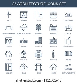 25 architecture icons. Trendy architecture icons white background. Included outline icons such as mill, window, plan, fountain, cargo barn. architecture icon for web and mobile.