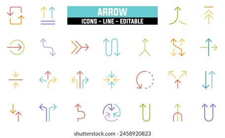 25 arrow icons set, vector line, editable stroke.