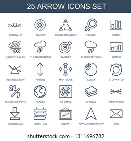 25 arrow icons. Trendy arrow icons white background. Included outline icons such as arrow up, target, communication, female, chart, cargo trailer. icon for web and mobile.