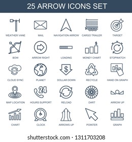 25 arrow icons. Trendy arrow icons white background. Included outline icons such as weather vane, mail, navigation arrow, cargo trailer, target. icon for web and mobile.