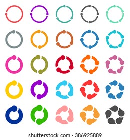 25 arrow pictogram refresh reload rotation loop sign set. Simple color web icon on white background.  Vector illustration