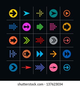 25 arrow sign icon set. Set 02 on black (pink, violet, gray, orange, brown, yellow, green, blue, red). Simple pictogram modern, mono, plain, minimal, flat, solid style. Web design elements 8 eps