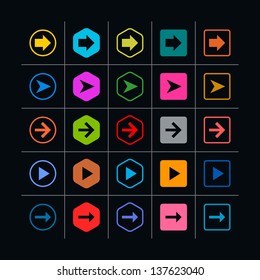 25 arrow sign icon set. Set 06  on black (pink, violet, gray, orange, brown, yellow, green, blue, red). Simple pictogram modern, mono, plain, minimal, flat, solid style. Web design elements 8 eps