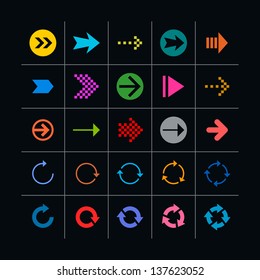 25 arrow sign icon set. Set 03 on black (pink, violet, gray, orange, brown, yellow, green, blue, red). Simple pictogram modern, mono, plain, minimal, flat, solid style. Web design elements 8 eps