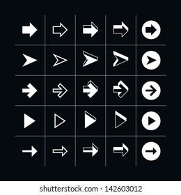 25 arrow sign icon set 05 (white in black). Modern simple pictogram minimal, mono, monochrome, contemporary style. Vector illustration web internet design elements saved in 8 eps