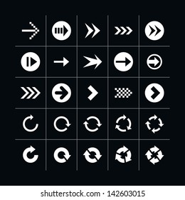 25 arrow sign icon set 04 (white in black). Modern simple pictogram minimal, mono, monochrome, contemporary style. Vector illustration web internet design elements saved in 8 eps