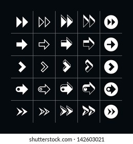25 arrow sign icon set 07 (white in black). Modern simple pictogram minimal, mono, monochrome, contemporary style. Vector illustration web internet design elements saved in 8 eps