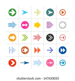 25 arrow sign icon set 02. Simple pictogram modern, mono, minimal, flat, plain, solid style (orange, yellow, green, blue, red, brown, pink, violet, gray). Web design internet elements 8 eps