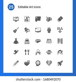 25 art filled icons set isolated on . Icons set with Digital illustration, Video Compression, textile, Guitar playing, quest, Aspect Ratio, bride dress, astronaut, oyster icons.