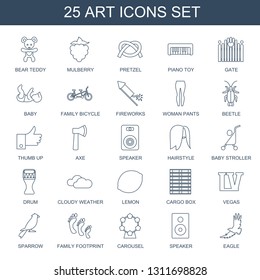 25 art icons. Trendy art icons white background. Included line icons such as bear teddy, mulberry, pretzel, piano toy, gate, baby, family bicycle. art icon for web and mobile.
