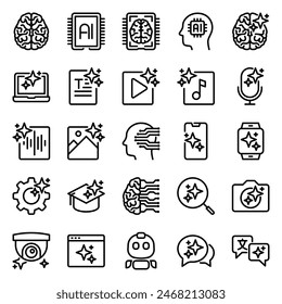 25 iconos de inteligencia artificial en estilo de línea, incluyendo, cerebro, máquina de aprendizaje, generación de Imagen, etc